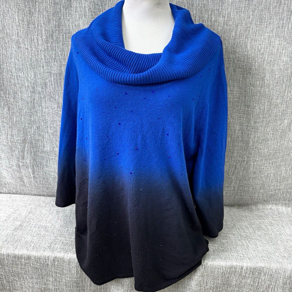 Kim Rogers Woman 2X sweater Royal Blue Ombre Rhinestone Cowl Neck Ribbed collar
